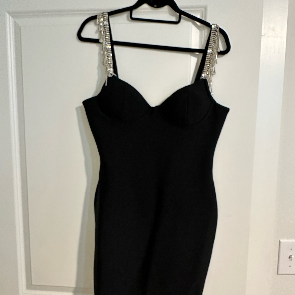 ADYCE Rhinestone Beaded Fringe Backless Slit Back Bandage Dress